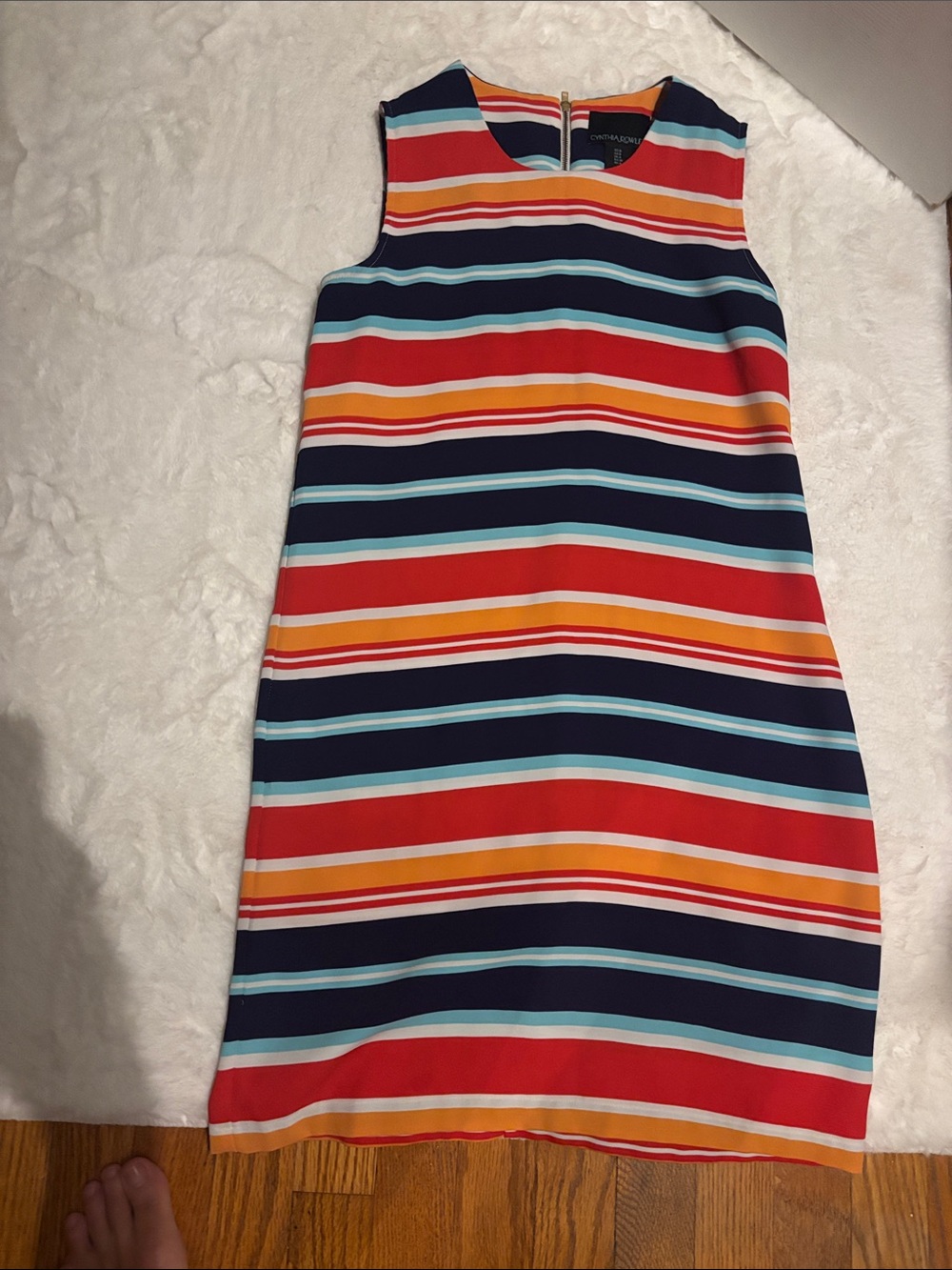 Cynthia Rowley Sleeveless Striped Midi Dress in Navy, Red & Orange